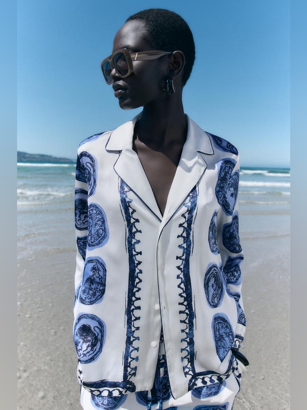 Zara ZW Collection White & Navy Blue Printed Collared Shirt